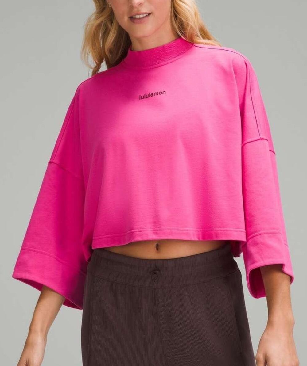 Lululemon Heavyweight Cropped Mock Neck Top Size M/L Pink Wordmark Athleisure